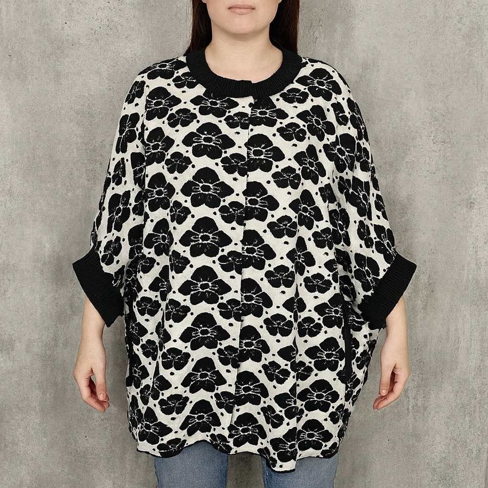 Missportscom Italy Black‎ White Floral Knit Cocoon Cardigan Sweater Bow Back OS